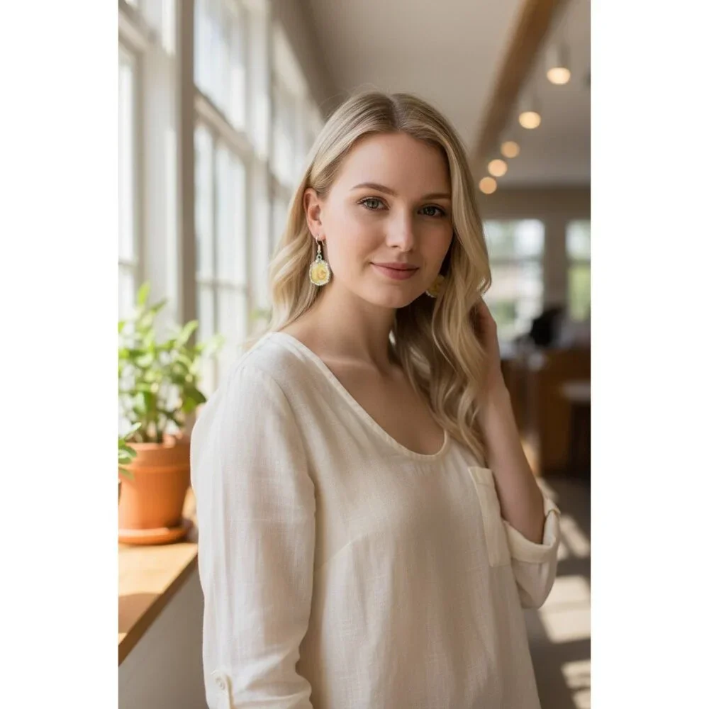 Yellow Rose Bavaria Broken China Earrings - Sterling Silver 925 Artisan Crafted - Picture 8 of 11